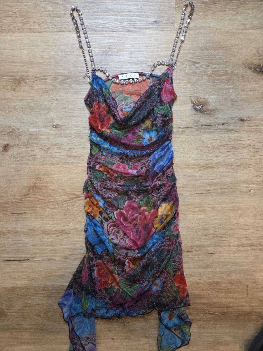AREA Crystal Embellished Floral Printed Tulle Mini Dress Pink Multi XS